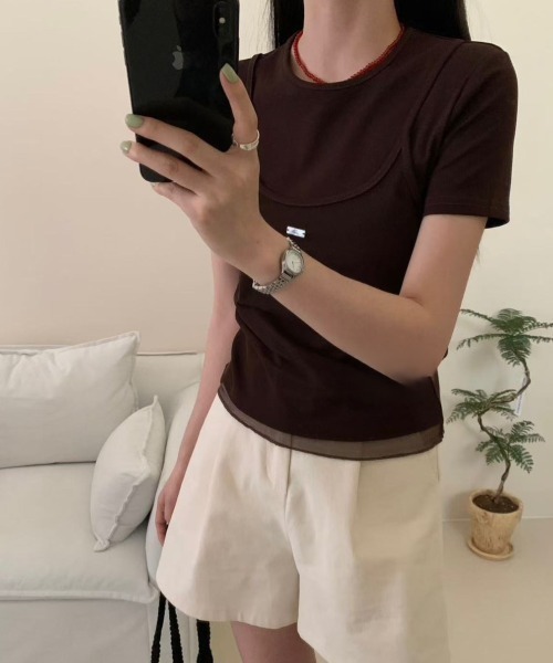 LAC-VERT(ラック・ヴェール)の「プレートアクセント シアーキャミドッキングTシャツ(Tシャツ/カットソー・レディース・ブラウン/ホワイト/グレー/ブラック・FREE)」の7枚目の写真