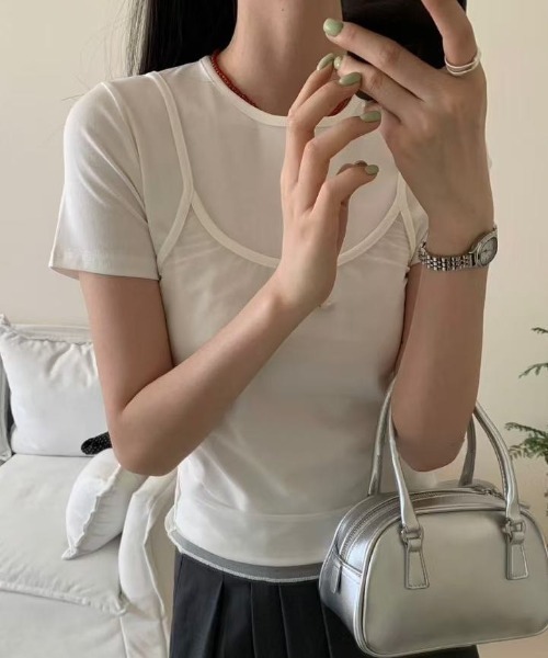 LAC-VERT(ラック・ヴェール)の「プレートアクセント シアーキャミドッキングTシャツ(Tシャツ/カットソー・レディース・ブラウン/ホワイト/グレー/ブラック・FREE)」の19枚目の写真