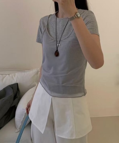 LAC-VERT(ラック・ヴェール)の「プレートアクセント シアーキャミドッキングTシャツ(Tシャツ/カットソー・レディース・ブラウン/ホワイト/グレー/ブラック・FREE)」の9枚目の写真