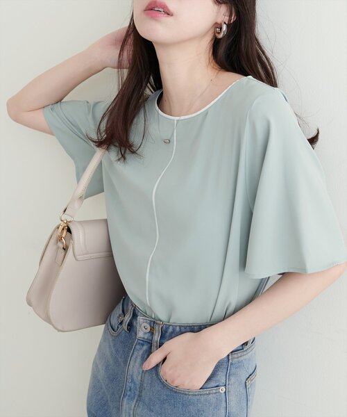 natural couture(ナチュラルクチュール)の「バイカラーフレア袖ブラウス(シャツ/ブラウス・レディース・ピンクベージュ/オフホワイト/チャコールグレー/ミント/ネイビー・FREE)」の3枚目の写真