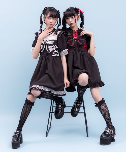 DearMyLove(ディアマイラブ)の「ハートビジューリボンヨークフリルサイドレースアップワンピース(ワンピース・レディース・パープル/ブラック×ホワイト/ブラック×レッド/グレー・MEDIUM/LARGE/LL/3L)」の5枚目の写真