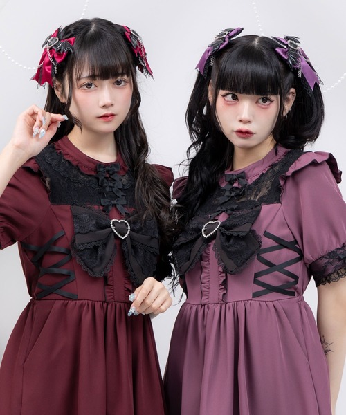 DearMyLove(ディアマイラブ)の「ハートビジューリボンヨークフリルサイドレースアップワンピース(ワンピース・レディース・パープル/ブラック×ホワイト/ブラック×レッド/グレー・MEDIUM/LARGE/LL/3L)」の14枚目の写真