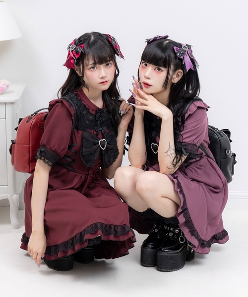 DearMyLove(ディアマイラブ)の「ハートビジューリボンヨークフリルサイドレースアップワンピース(ワンピース・レディース・パープル/ブラック×ホワイト/ブラック×レッド/グレー・MEDIUM/LARGE/LL/3L)」の15枚目の写真
