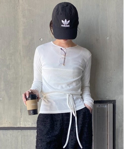 tシャツ リボンデザインレイヤードトップス(kiharu select) / ビスチェ 重ね着 Tシャツ カットソー 長袖 ラウンドネック ロングスリ リボンデザインレイヤードトップス(kiharu select) / ビスチェ