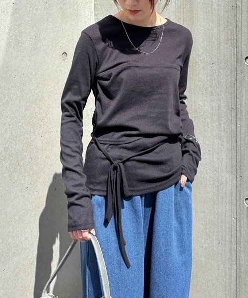 tシャツ リボンデザインレイヤードトップス(kiharu select) / ビスチェ 重ね着 Tシャツ カットソー 長袖 ラウンドネック ロングスリ リボンデザインレイヤードトップス(kiharu select) / ビスチェ
