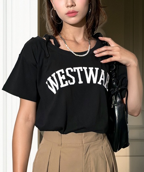 Candlestick(キャンドルスティック)の「接触冷感 肩ひも付き コットン100% オフショルダーTシャツ 涼しい ひんやり カジュアル フェミニン(Tシャツ/カットソー・レディース・ダークグリーン/ミント/グレイッシュベージュ/ダルブルー系/ピンク系/ネイビー系/ブラック系2/ブラック系3/ブラック系1/ブラック系/ホワイト系1/ホワイト系/ホワイト系2/ホワイト系3/イエロー/ピンク系1/ダルブルー系1/ライム/ブラック系その他2/イエロー系その他/ブラック系その他3/ホワイト系その他/ブラック系その他・M/L/LL)」の7枚目の写真