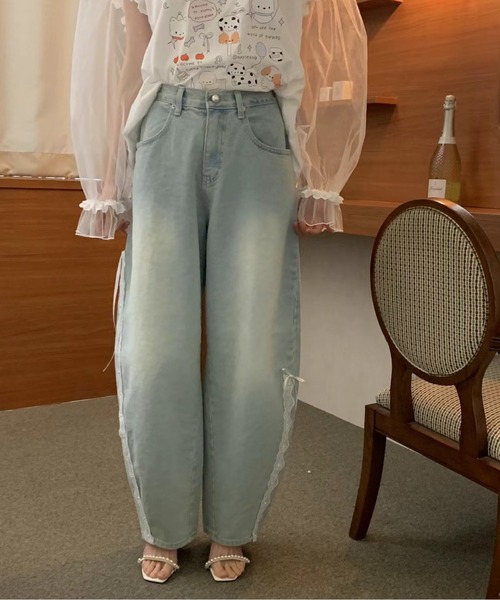 レースラインリボンデニムパンツ（Tシャツ/カットソー）｜AMAJI
