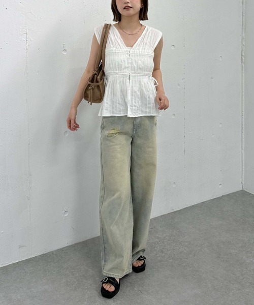 archives（アルシーヴ）の「【ＳＥＴ　ＵＰ対応】ギャザーストライプノースリブラウス（シャツ/ブラウス・レディース・ブルー/オフホワイト/ブラック/イエロー・MEDIUM）」の5枚目の写真