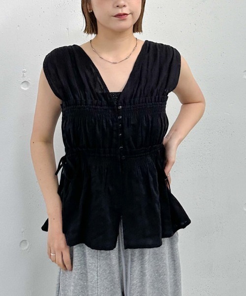 ブラウス シャツ 「ＳＥＴ　ＵＰ対応」ギャザーストライプノースリブラウス レディース SET UP対応】ギャザーストライプノースリブラウス（シャツ