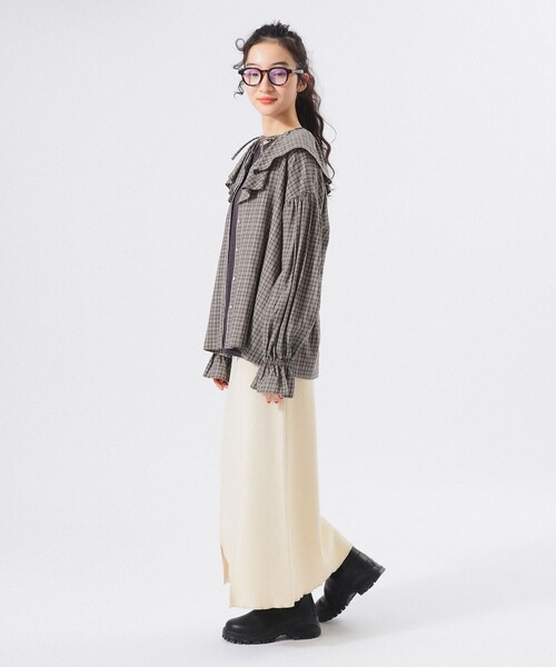 BEAMS BOY(ビームスボーイ)の「チェック フリルカラー シャツ(シャツ/ブラウス・レディース・オリーブ/ネイビー/ライトグレー・ONE SIZE)」の5枚目の写真