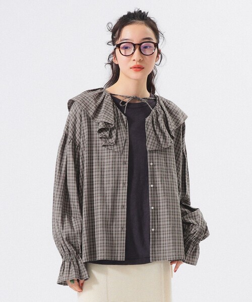 BEAMS BOY(ビームスボーイ)の「チェック フリルカラー シャツ(シャツ/ブラウス・レディース・オリーブ/ネイビー/ライトグレー・ONE SIZE)」の7枚目の写真
