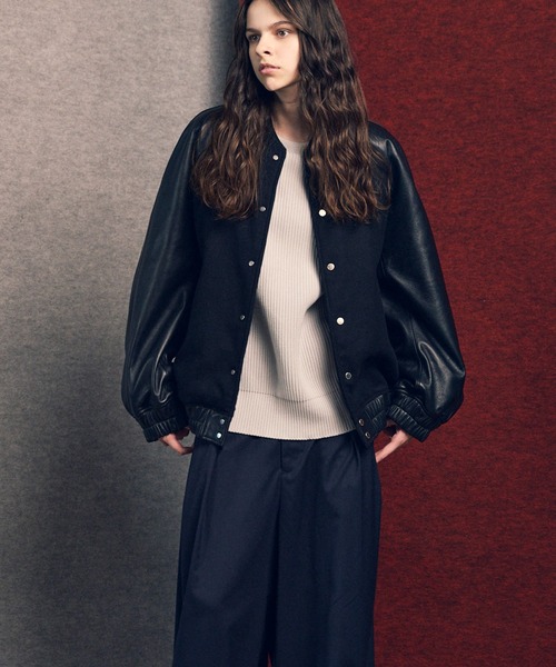 UNISEX》Sheep Leather Melton Combination Stadium Jacket
