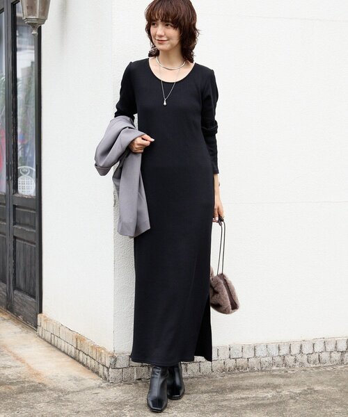 未使用リヴドロワ【全骨格細見え】２WAYロングリブワンピース　40 ブラック　L 全骨格細見え】NEW2WAYロングリブワンピース（ワンピース
