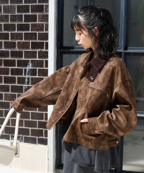 フェード加工 コーデュロイ襟 レザレットブルゾン（ブルゾン