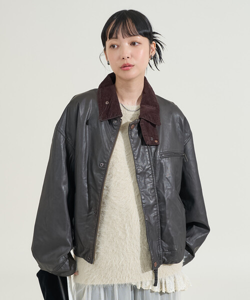 FREAK'S STORE(フリークスストア)の「フェード加工 コーデュロイ襟 レザレットブルゾン(ブルゾン・レディース・ブラウン/ブラック/ベージュ・フリ-)」の6枚目の写真