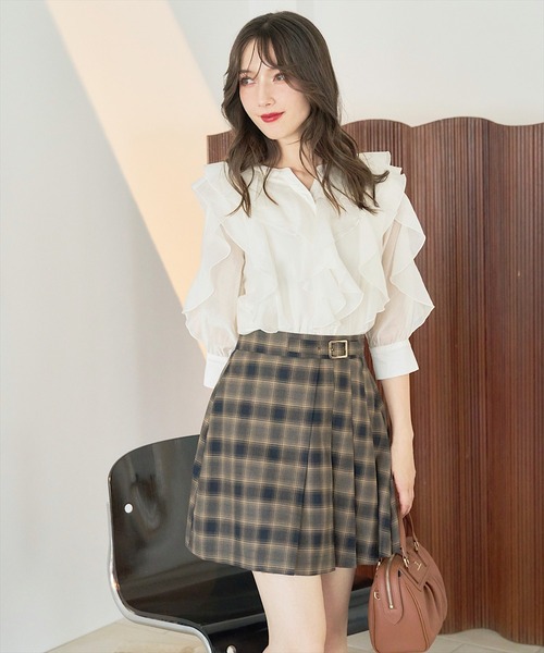 チェックアシメプリーツミニスカート