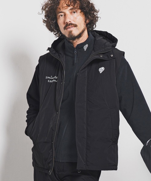 1minute 1second(ワンミニットワンセカンド)の「mcg3722-cursive embroidery hooded vest フーデッドナイロンベスト(1M25F020)(ベスト・メンズ・チャコール/ブラック・XL/L/M/S)」の1枚目の写真