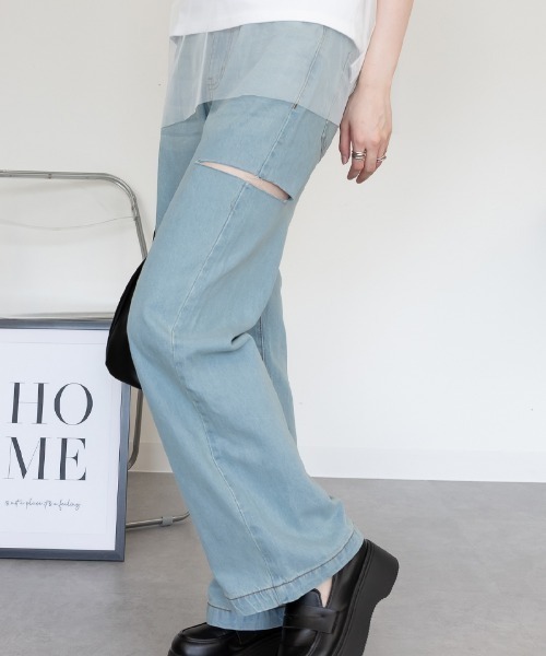 RCD(アールシーディー)の「サイドスリット デニムダメージストレートパンツ(デニムパンツ・レディース・ライトブルー/ブルー/ネイビー・L/M/LL)」の2枚目の写真