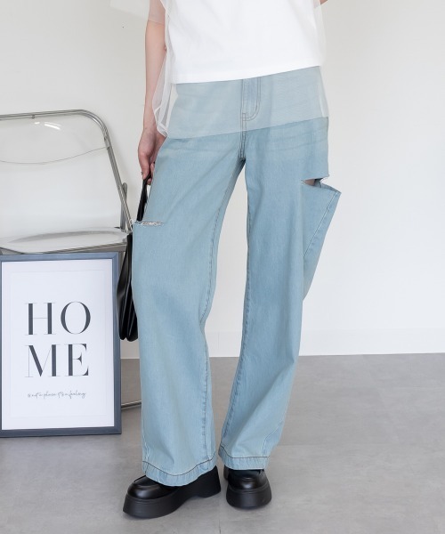 RCD(アールシーディー)の「サイドスリット デニムダメージストレートパンツ(デニムパンツ・レディース・ライトブルー/ブルー/ネイビー・L/M/LL)」の18枚目の写真