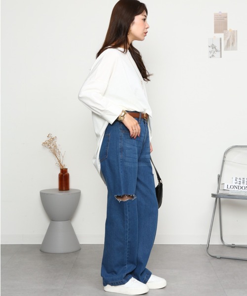 RCD(アールシーディー)の「サイドスリット デニムダメージストレートパンツ(デニムパンツ・レディース・ライトブルー/ブルー/ネイビー・L/M/LL)」の4枚目の写真