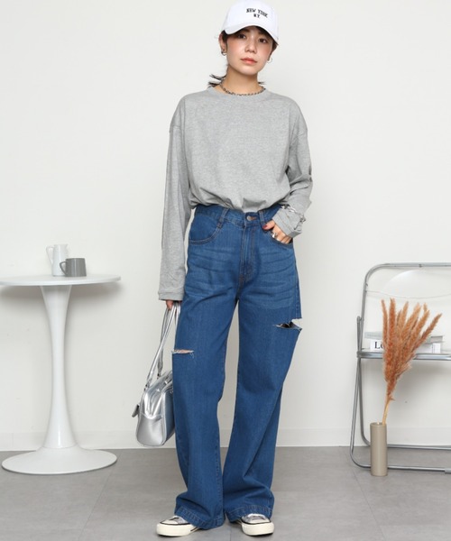 RCD(アールシーディー)の「サイドスリット デニムダメージストレートパンツ(デニムパンツ・レディース・ライトブルー/ブルー/ネイビー・L/M/LL)」の9枚目の写真