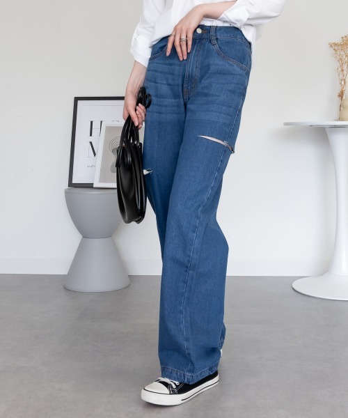 RCD(アールシーディー)の「サイドスリット デニムダメージストレートパンツ(デニムパンツ・レディース・ライトブルー/ブルー/ネイビー・L/M/LL)」の10枚目の写真