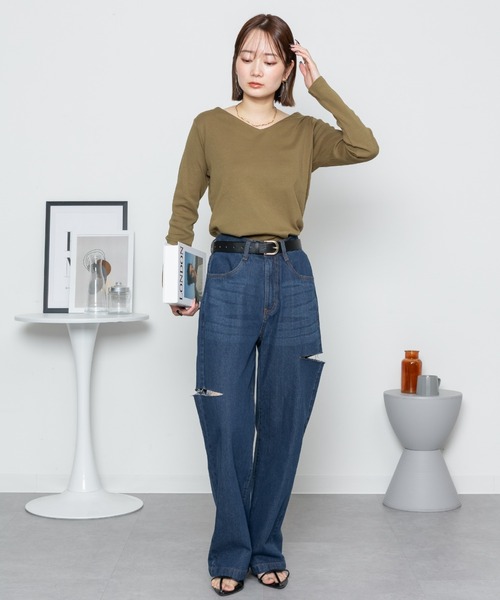 RCD(アールシーディー)の「サイドスリット デニムダメージストレートパンツ(デニムパンツ・レディース・ライトブルー/ブルー/ネイビー・L/M/LL)」の14枚目の写真