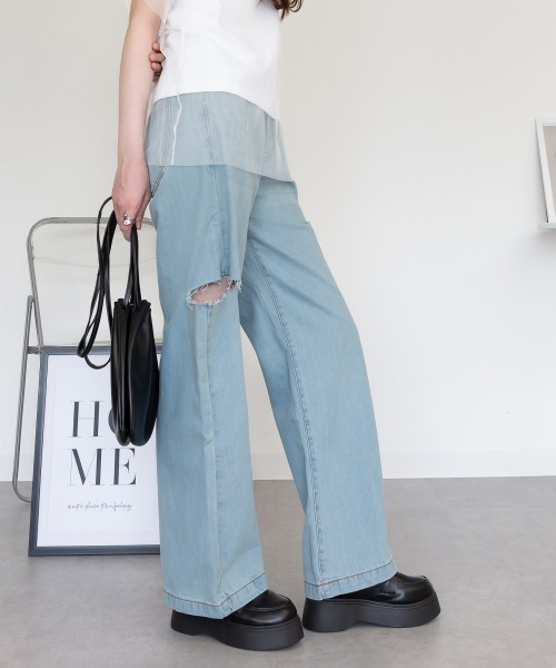 RCD(アールシーディー)の「サイドスリット デニムダメージストレートパンツ(デニムパンツ・レディース・ライトブルー/ブルー/ネイビー・L/M/LL)」の15枚目の写真