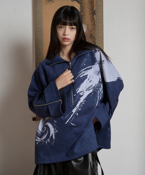 フェイクスウェードプリントハーフジップ（スウェット）｜狐独（コドク