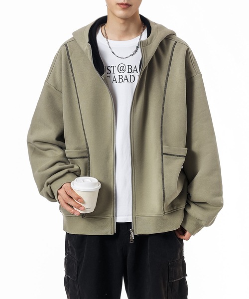 aimoha(アイモハ)の「ステッチデザイン ショート丈ジップパーカー/Stitch design short zip hoodie(スウェット・メンズ・グリーン/ライトグレー/ブラック・X-LARGE/XX-LARGE/LARGE)」の3枚目の写真