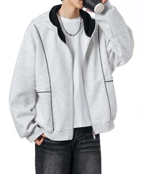aimoha(アイモハ)の「ステッチデザイン ショート丈ジップパーカー/Stitch design short zip hoodie(スウェット・メンズ・グリーン/ライトグレー/ブラック・X-LARGE/XX-LARGE/LARGE)」の2枚目の写真