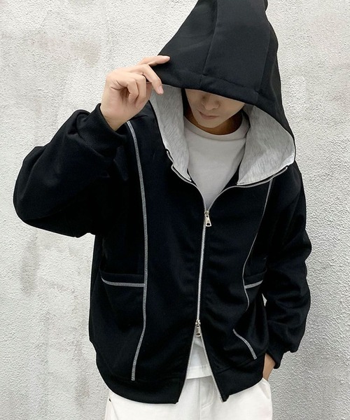 aimoha(アイモハ)の「ステッチデザイン ショート丈ジップパーカー/Stitch design short zip hoodie(スウェット・メンズ・グリーン/ライトグレー/ブラック・X-LARGE/XX-LARGE/LARGE)」の1枚目の写真