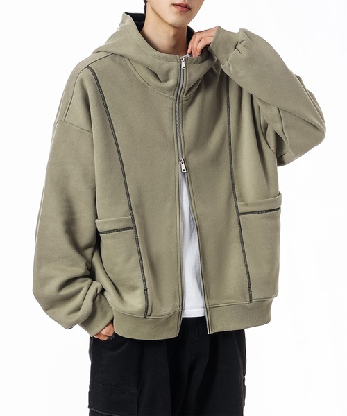aimoha(アイモハ)の「ステッチデザイン ショート丈ジップパーカー/Stitch design short zip hoodie(スウェット・メンズ・グリーン/ライトグレー/ブラック・X-LARGE/XX-LARGE/LARGE)」の4枚目の写真