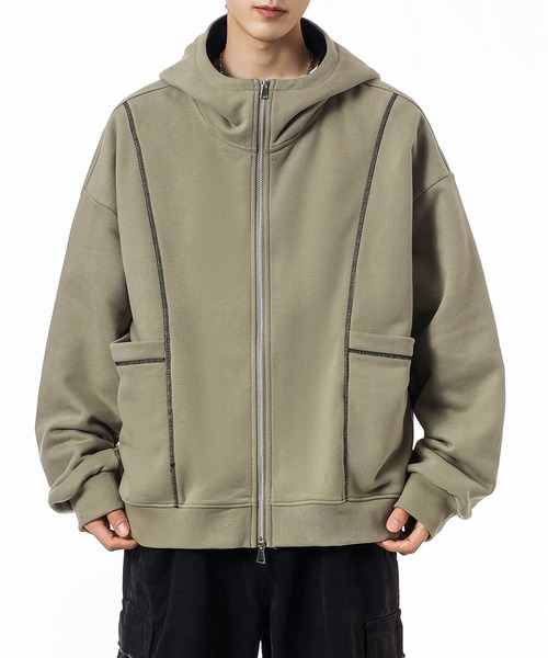 aimoha(アイモハ)の「ステッチデザイン ショート丈ジップパーカー/Stitch design short zip hoodie(スウェット・メンズ・グリーン/ライトグレー/ブラック・X-LARGE/XX-LARGE/LARGE)」の5枚目の写真