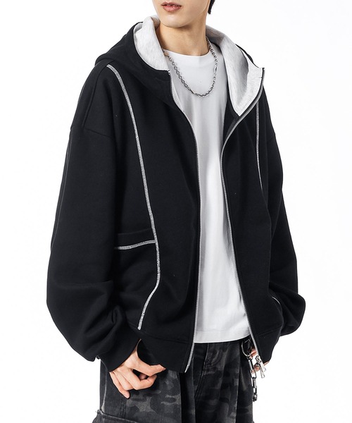 aimoha(アイモハ)の「ステッチデザイン ショート丈ジップパーカー/Stitch design short zip hoodie(スウェット・メンズ・グリーン/ライトグレー/ブラック・X-LARGE/XX-LARGE/LARGE)」の7枚目の写真