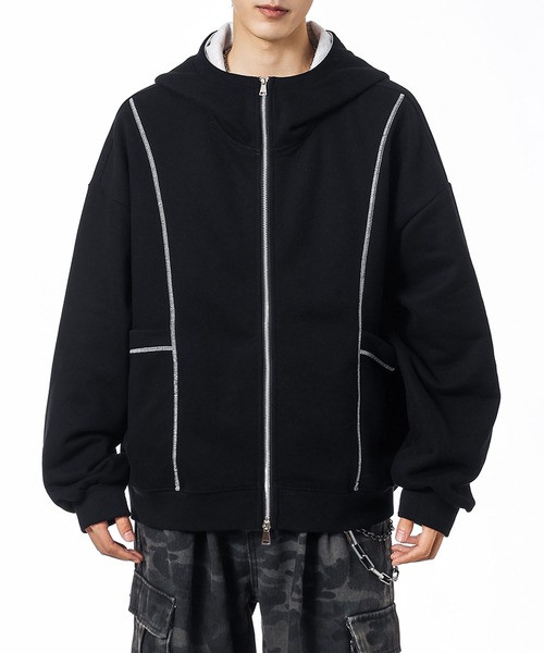 aimoha(アイモハ)の「ステッチデザイン ショート丈ジップパーカー/Stitch design short zip hoodie(スウェット・メンズ・グリーン/ライトグレー/ブラック・X-LARGE/XX-LARGE/LARGE)」の8枚目の写真