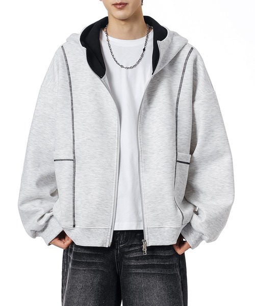 aimoha(アイモハ)の「ステッチデザイン ショート丈ジップパーカー/Stitch design short zip hoodie(スウェット・メンズ・グリーン/ライトグレー/ブラック・X-LARGE/XX-LARGE/LARGE)」の10枚目の写真