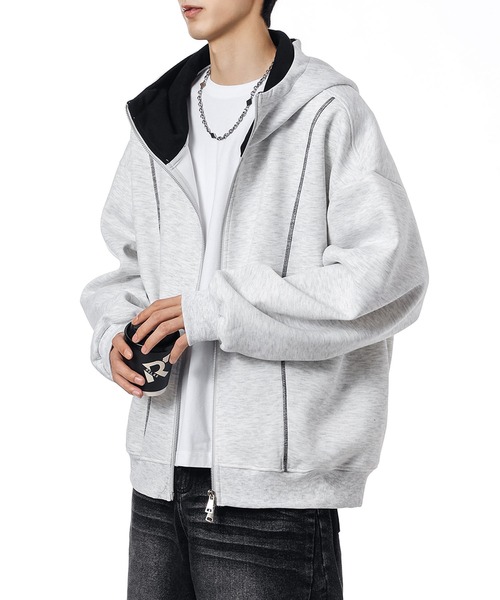 aimoha(アイモハ)の「ステッチデザイン ショート丈ジップパーカー/Stitch design short zip hoodie(スウェット・メンズ・グリーン/ライトグレー/ブラック・X-LARGE/XX-LARGE/LARGE)」の11枚目の写真