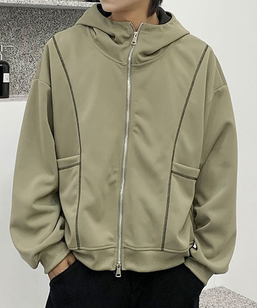 aimoha(アイモハ)の「ステッチデザイン ショート丈ジップパーカー/Stitch design short zip hoodie(スウェット・メンズ・グリーン/ライトグレー/ブラック・X-LARGE/XX-LARGE/LARGE)」の18枚目の写真