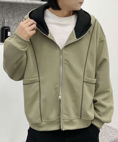 aimoha(アイモハ)の「ステッチデザイン ショート丈ジップパーカー/Stitch design short zip hoodie(スウェット・メンズ・グリーン/ライトグレー/ブラック・X-LARGE/XX-LARGE/LARGE)」の19枚目の写真