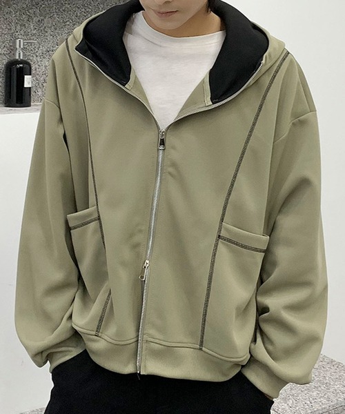 aimoha(アイモハ)の「ステッチデザイン ショート丈ジップパーカー/Stitch design short zip hoodie(スウェット・メンズ・グリーン/ライトグレー/ブラック・X-LARGE/XX-LARGE/LARGE)」の20枚目の写真