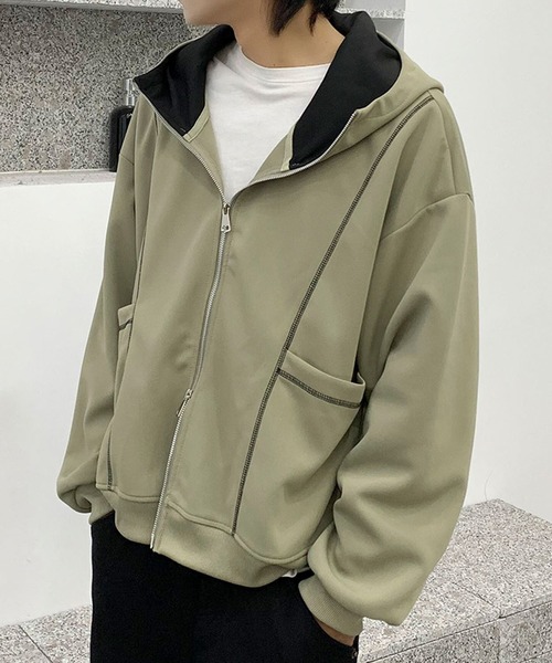 aimoha(アイモハ)の「ステッチデザイン ショート丈ジップパーカー/Stitch design short zip hoodie(スウェット・メンズ・グリーン/ライトグレー/ブラック・X-LARGE/XX-LARGE/LARGE)」の21枚目の写真