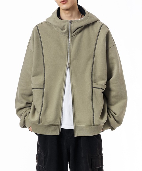 aimoha(アイモハ)の「ステッチデザイン ショート丈ジップパーカー/Stitch design short zip hoodie(スウェット・メンズ・グリーン/ライトグレー/ブラック・X-LARGE/XX-LARGE/LARGE)」の16枚目の写真