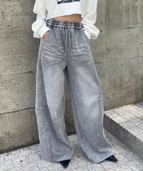 セール】ブリーチデニム風スウェットワイドパンツ（スウェットパンツ
