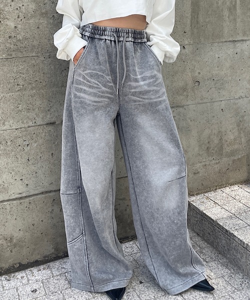 セール】ブリーチデニム風スウェットワイドパンツ（スウェットパンツ