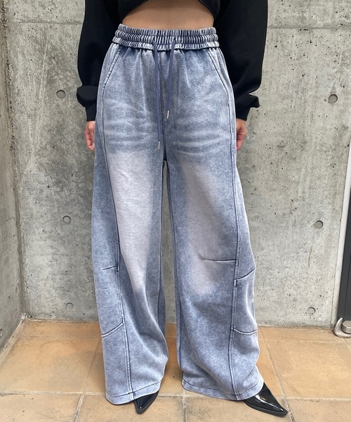 GQ1163◇TATA : ブリーチデニム転写 スウェットパンツ◇S◇インディゴ セール】ブリーチデニム風スウェットワイドパンツ（スウェットパンツ