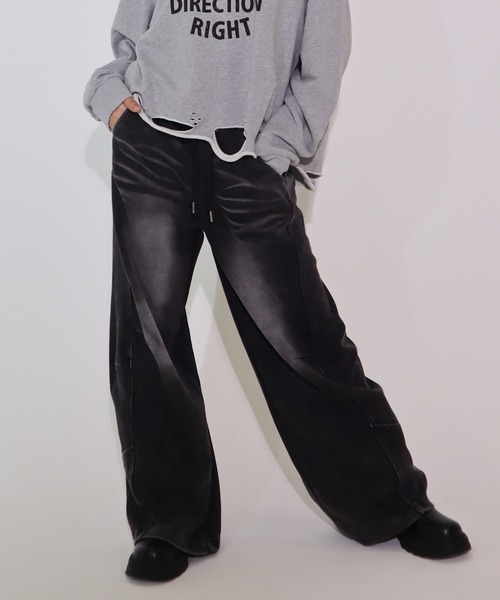 セール】ブリーチデニム風スウェットワイドパンツ（スウェットパンツ