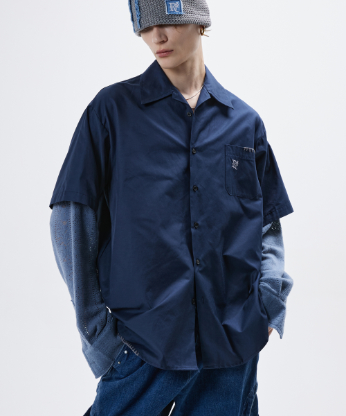 セール】KNIT SLEEVE LAYERED SHIRT - NAVY（シャツ/ブラウス）｜RSSC 