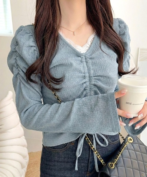 mily bilet(ミウィビレット)の「【mily bilet】カジュアルな大人ガーリーテイスト。レースドッキングパフスリーブジャガードフレアトップス(Tシャツ/カットソー・レディース・アイボリー/ブラック/ブルー・SMALL/MEDIUM/LARGE/X-LARGE)」の14枚目の写真