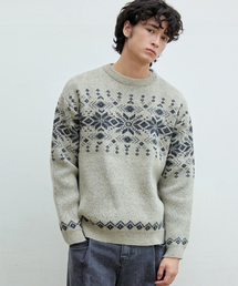ノルディック雪花ボカシジャカードラウンドニット[ベージュ]